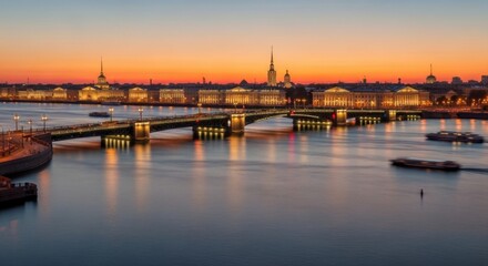 City Skyline Sunset View on River with Illuminated Bridge and Historic Buildings