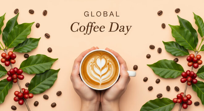 Hands holding a freshly brewed cup of coffee with latte art surrounded by coffee beans and coffee plant leaves