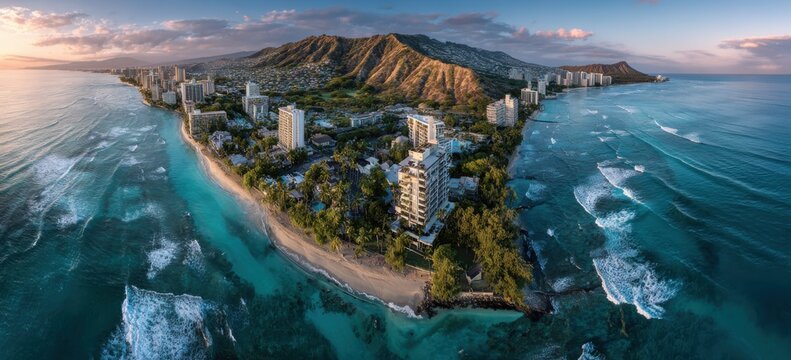 Aerial view of Waikiki beach, Honolulu, Hawaii. Sunrise panorama