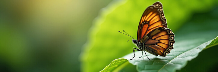 Butterfly on leaf displaying its wings with beautiful orange and black patterns. Close-up butterfly shot details its intricate wing patterns, colors and delicate antennae, resting peacefully.