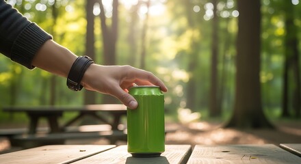 Person opening a green can outdoors in nature.