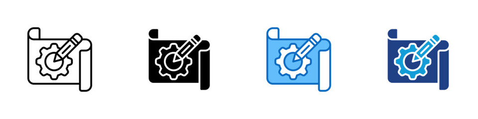 Prototype Multiple Style Icon Design Vector - Blueprint with gear and pencil symbolizing prototyping, planning, and product creation