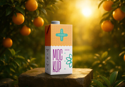 Realistic Orange Juice Carton Packaging Mockup with Nature Background &ndash; Professional Beverage Box Template for Branding, Label Design and Packaging Presentation