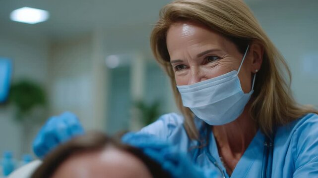 Healthcare provider in mask and gloves examines patient's scalp in a bright, minimalist medical consultation room.