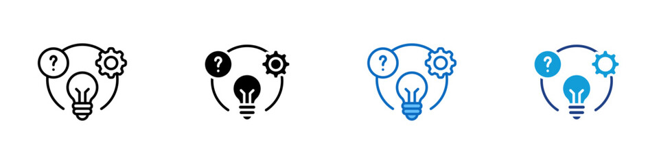 Fototapeta premium Idea Generation Multiple Style Icon Design Vector - Light bulb with question mark and gear symbolizing brainstorming, creativity, and idea generation