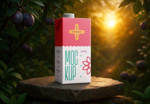 Realistic Plum Juice Carton Packaging Mockup on Stone with Nature Background &ndash; High Quality Beverage Box Template for Branding and Design Presentation