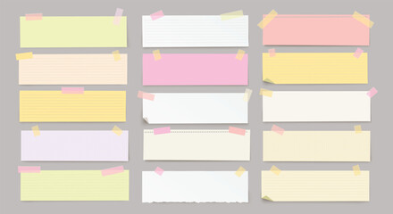 Vector set of horizontal paper stripes with adhesive tape and shadow on transparent background.