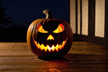 Portrait of a glowing spooky carved Halloween pumpkin