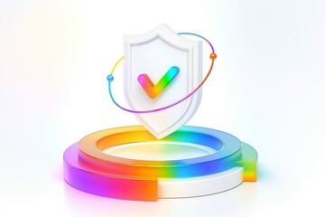 Digital security and protection concept with a glowing rainbow shield and checkmark on a white background