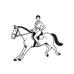 Black and white line art of a beautiful woman with perfect body riding horse elegant minimalist illustration