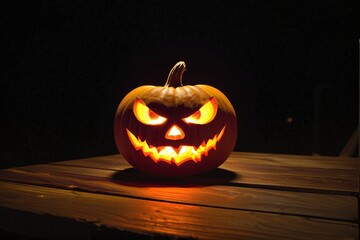 Portrait of a glowing spooky carved Halloween pumpkin