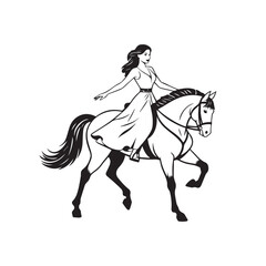 Black and white line art of a beautiful woman with perfect body riding horse elegant minimalist illustration