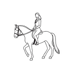Black and white line art of a beautiful woman with perfect body riding horse elegant minimalist illustration