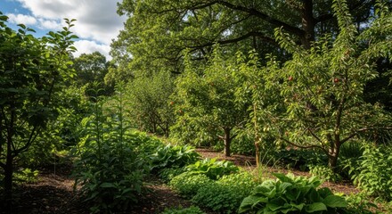 Medium shot focusing on perennial agroforestry systems where longlived plants and trees work together to sequester atmospheric carbon efficiently.