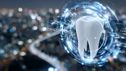 A futuristic tooth model hovers with rotating translucent medical interface elements, showcasing advanced dental technology.