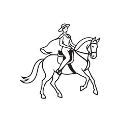 Black and white line art of a beautiful woman with perfect body riding horse elegant minimalist illustration