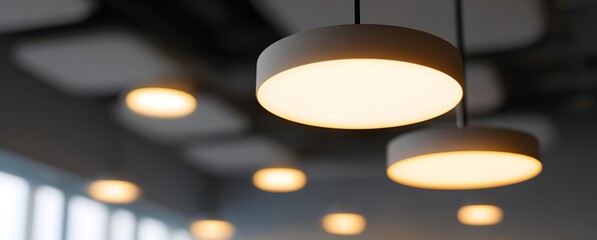 close up photograph of ceiling in modern office building featuring glowing circular white led light fixtures against a gray background creating warm illumination with a minimal interior design look