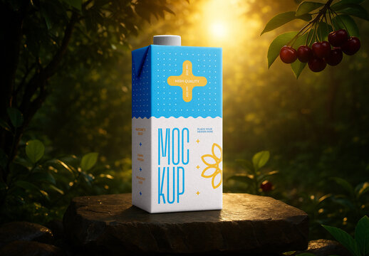 Realistic Cherry Juice Carton Packaging Mockup with Natural Garden Background &ndash; Professional Beverage Box Template for Branding, Label Design and Product Presentation