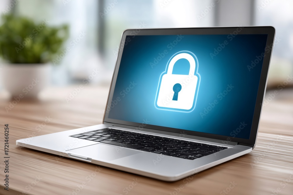 Poster laptop displaying padlock icon securing digital data