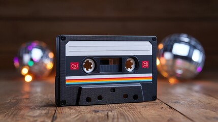 Retro cassette tape with colorful stripes on wooden surface surrounded by disco balls in a cozy ambient setting
