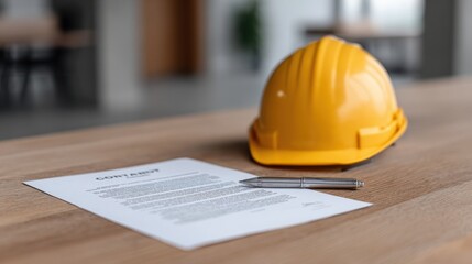 Construction Contract Agreement with Safety Helmet on Wood Table in Modern Office Environment