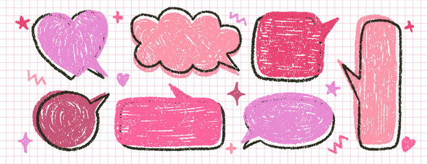Chalk pencil speech bubbles doodle set. Crayon frame, pink comic talk balloon with texture, various text clouds. Hand drawn vector illustration