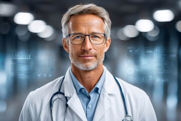 Healthcare professional using futuristic medical data interface
