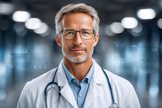 Healthcare professional using futuristic medical data interface