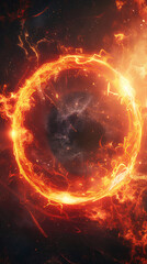 Fiery Celestial Ring: A mesmerizing display of cosmic energy unfurls, with a fiery ring of celestial bodies encircling a mysterious, dark void. Witness the vibrant colors and swirling nebulae.