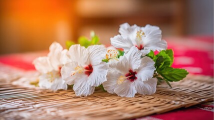 Naklejka premium ketupat. Vibrant hibiscus flowers around traditional ketupat weave, warm sunlight and festive mood. event programs, museum guides, designed for cultural heritage projects and event programs.