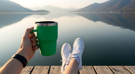 Relaxing Morning by the Lake with Coffee and Sneakers.