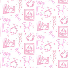 Doodle pattern color k-pop. Seamless texture with bright elements of Korean music trends. Bijouterie bracelet, hair clip, hat, headband with stars, music playlist. Glitter, hearts, K POP FAN in cloud