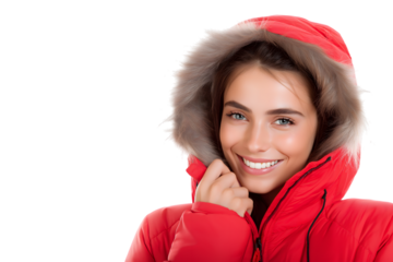 portrait of a smiling woman wearing a red winter coat isolated on white background