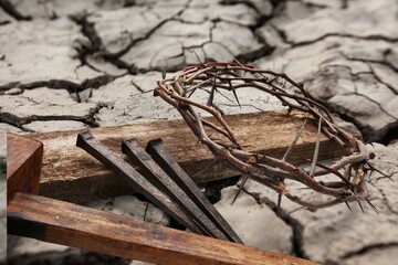 Wooden Crown on wooden cross with metal nails
