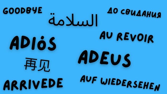 Goodbye bye animated outro kinetic animation text in multiple languages around the world blue background