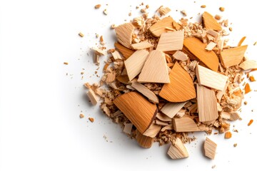 Fototapeta premium Wood chips and shavings scattered on white background