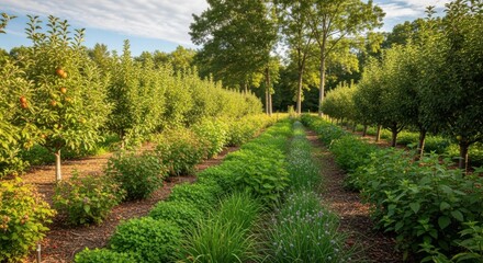 Medium shot focusing on perennial agroforestry systems where longlived plants and trees work together to sequester atmospheric carbon efficiently.