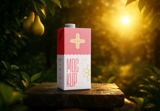 Realistic Pear Juice Carton Packaging Mockup in Natural Orchard Scene &ndash; Professional Beverage Box Template for Branding, Label Design and Fresh Product Presentation