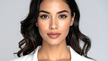 Fototapeta premium A confident young woman with dark wavy hair looks directly ahead with a peaceful expression while wearing professional attire for her corporate headshot representing career success and