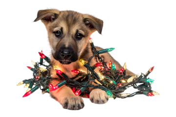  cute puppy entangled in Christmas lights isolated on white background