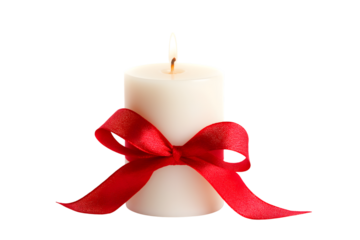  lit candle with a red ribbon tied around it isolated on white background