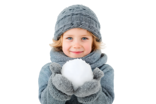  cheerful child holding a snowball, ready for winter fun isolated on white background