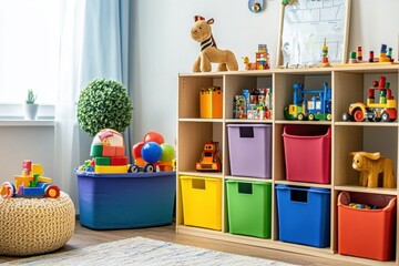 Fototapeta premium Colorful children playroom with organized storage bins filled with toys, stuffed animals, and building blocks creating cheerful and tidy environment