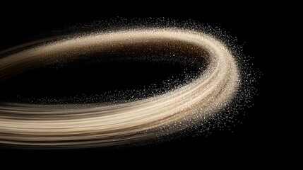 A swirling, abstract design of light brown and white particles against a black background.