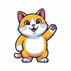 Obraz premium A cute cartoon ginger cat waving a paw in a friendly greeting. Adorable kitten mascot character illustration isolated on a white background