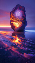 Mystical Rock Amidst Beach: An ethereal rock formation stands tall, bathed in the warm glow of sunset and casting a mesmerizing reflection on the beach.