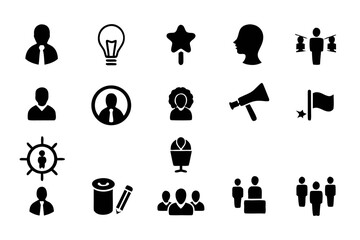 Illustration set of business and people icons includes user, light bulb, star, megaphone, flag, and group symbols