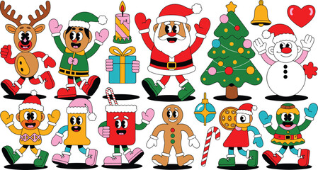 Fototapeta premium Whimsical retro cartoon characters celebrating Christmas with festive icons and gifts