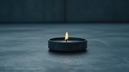 A single candle in a dark blue holder.