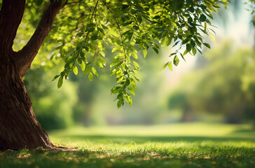 Fototapeta premium beautiful green tree with bright leaves stands in park under sunlight, close up view of the trunk with bokeh in background, spring summer landscape offering natural design space with fresh scenery